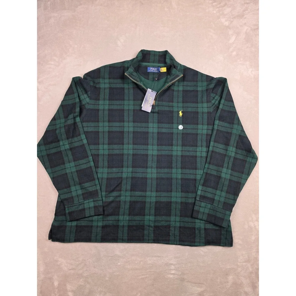 Polo Ralph Lauren Estate Rib Quarter Zip Sweater Mens XXL Green Black Plaid